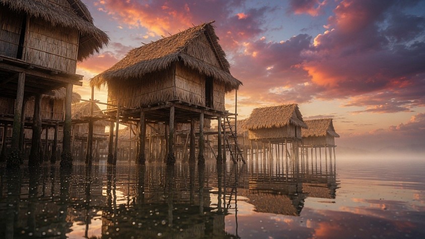 Manila Bay, Nipa Huts on Stilts