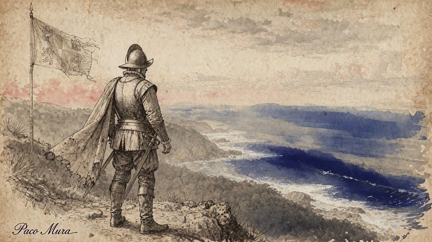 Vasco N&uacute;&ntilde;ez de Balboa looking at the Pacific Ocean in 1513